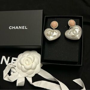 Chanel Earrings White and Pink Heart Earrings